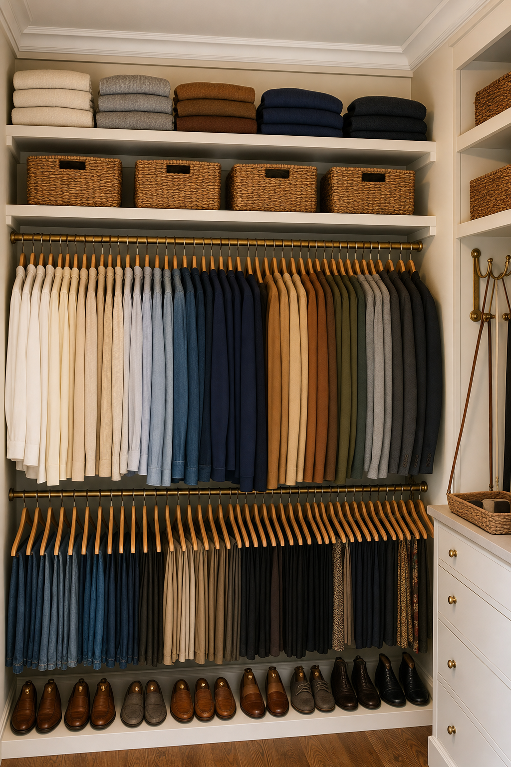 Organized closet with folded sweaters on the top shelf, woven baskets below, two color-sorted hanging rods and shoes on a low shelf